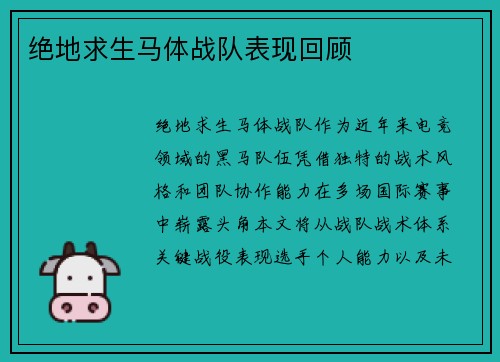 绝地求生马体战队表现回顾
