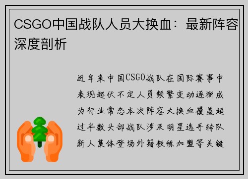 CSGO中国战队人员大换血：最新阵容深度剖析