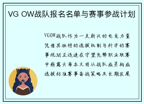 VG OW战队报名名单与赛事参战计划
