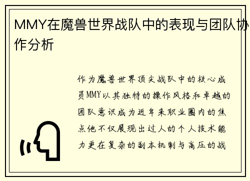 MMY在魔兽世界战队中的表现与团队协作分析